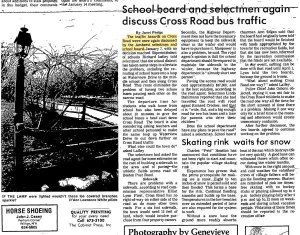 Milford Cabinet And Wilton Journal, Page 14, from January 10, 1985 discussing the ongoing need to provide sidewalk access to the area.