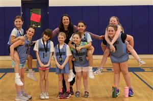 girls in basketball jerseys posing in a gymnasium