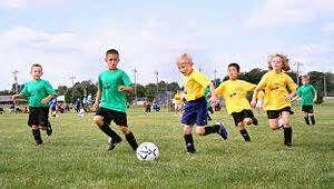 children in blue and yellow jerseys playing soccer